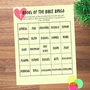 1.00 Libros de la Biblia, Bingo, Actividad de la Iglesia, Juego para Niños (35 Tarjetas con Tarjetas de Pistas)