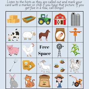 May include: A Farm Bingo game board with a light blue background. The game board features illustrations of farm animals, tools, and objects, including a tractor, pig, cow, and a scarecrow. The text "Farm Bingo" is at the top.