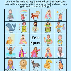 1.00 Bibel Charakter Bingo (35 Einzigartige Karten mit Hinweisen)