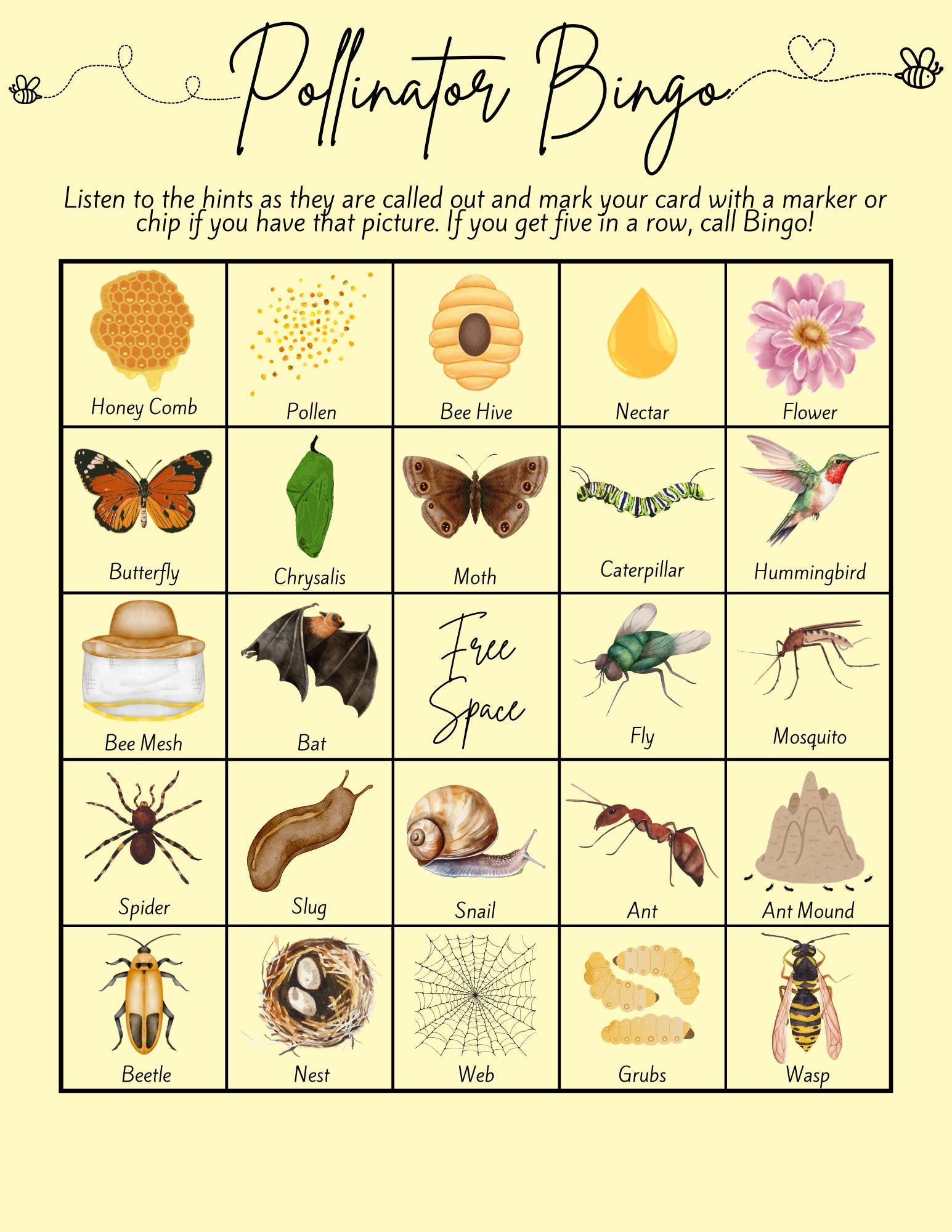 Pollinator Bingo- 35 Unique Cards, Summer Activity
