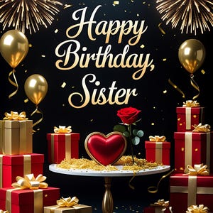 May include: A festive birthday scene with the text "Happy Birthday, Sister" in gold script. Gold balloons, fireworks, and gift boxes with red and gold wrapping are arranged on a black background. A red rose and heart-shaped ornament are also present.