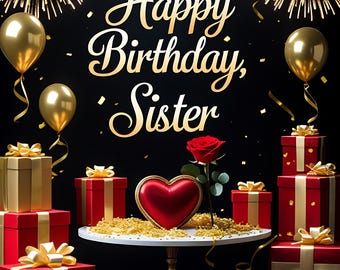 May include: A festive birthday scene with the text "Happy Birthday, Sister" in gold script. Gold balloons, fireworks, and gift boxes with red and gold wrapping are arranged on a black background. A red rose and heart-shaped ornament are also present.