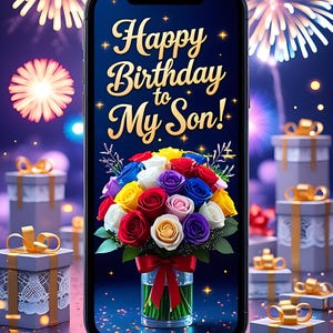 May include: A smartphone screen displays "Happy Birthday to My Son!" in gold script above a colorful bouquet of roses. Fireworks and wrapped gifts with gold bows create a festive birthday scene.