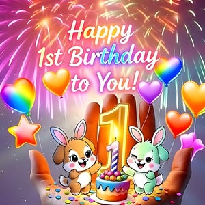 May include: A vibrant birthday card with the text "Happy 1st Birthday to You!" features cartoon bunnies, a cake, balloons, and fireworks. The image is set against a colorful background with a hand holding the birthday elements.
