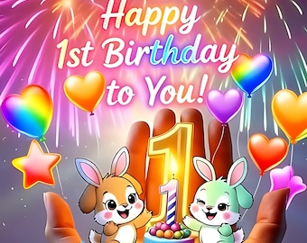 Vidéo musicale Joyeux 1er anniversaire pour fille, Carte virtuelle animée pour premier anniversaire, Numérique