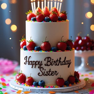 Op de afbeelding: Een witte verjaardagstaart met twee lagen, versierd met verse aardbeien, blauwe bessen en kleurrijke hagelslag. De taart is bekroond met brandende kaarsen en de woorden "Happy Birthday Sister". Een bericht onderaan luidt "May your day be as bright as your smile and as lovely as your heart."