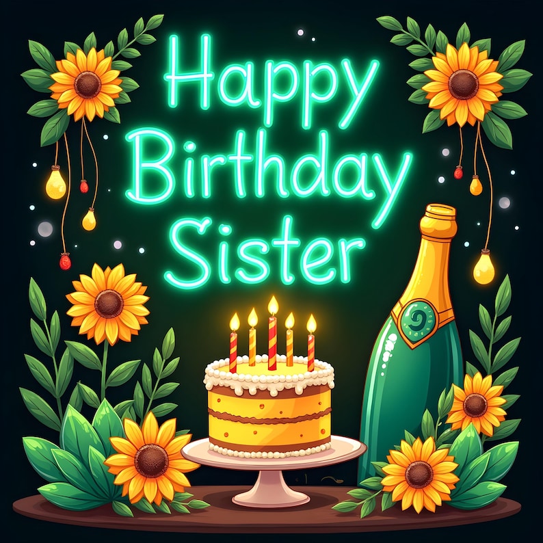 Happy Birthday Sister Ecard , Neon Glow Animated Card, Fun Digital