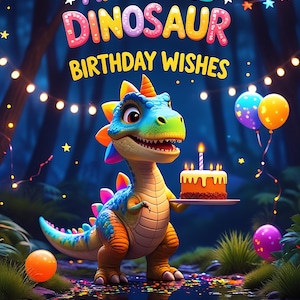 Op de afbeelding: Kleurrijke illustratie van een dinosaurus met een verjaardagstaart met een brandende kaars. De afbeelding toont de tekst "ANIMATED DINOSAUR BIRTHDAY WISHES" met ballonnen en lichtslingers in een bosrijke omgeving.