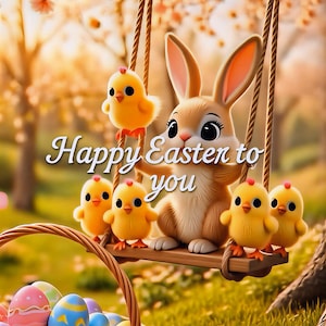 Peut inclure: Image sur le thème de Pâques avec un lapin brun et des poussins jaunes sur une balançoire. Un panier d'œufs de Pâques colorés est au premier plan. Le texte "Happy Easter to you" est écrit sur l'image.