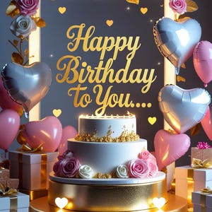 May include: A three-tiered white birthday cake with gold accents and pink roses, surrounded by heart-shaped balloons and gift boxes. The words "Happy Birthday to You..." are displayed in gold script.