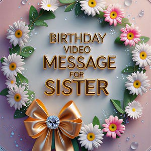 May include: A digital greeting card with a pink and white floral design. The card features the text "BIRTHDAY VIDEO MESSAGE FOR SISTER" in gold lettering, surrounded by daisies and a gold bow with a diamond centre.