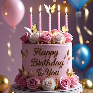 May include: A pink birthday cake with the words "Happy Birthday To You" in gold script. The cake is decorated with pink and white roses, gold butterflies, and lit pink candles. Balloons in pink, blue, and gold are in the background.