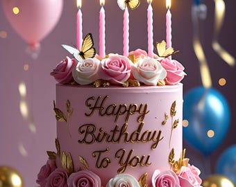 May include: A pink birthday cake with the words "Happy Birthday To You" in gold script. The cake is decorated with pink and white roses, gold butterflies, and lit pink candles. Balloons in pink, blue, and gold are in the background.