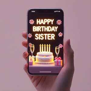 Carte virtuelle de joyeux anniversaire pour soeur, carte animée néon phosphorescente, voeux d'anniversaire numérique amusants pour soeur, vidéo de voeux d'anniversaire