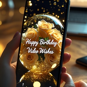Puede incluir: Un smartphone muestra una felicitación de cumpleaños digital. La imagen presenta rosas amarillas dentro de una esfera de cristal, con el texto "Happy Birthday Video Wishes". El fondo es oscuro con destellos dorados.