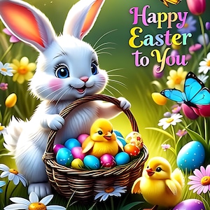 Peut inclure: Illustration numérique de Pâques avec un lapin blanc tenant un panier d'œufs colorés et de poussins jaunes. Des papillons et des fleurs entourent le lapin, avec le texte "Happy Easter to You" en arrière-plan.