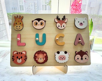 Eco-Friendly Premium Wooden Personalized Name Puzzle,Gift for kids,Early Learning Toy,Animal,Giraffe,Owl,Deer,Bear,Tiger,Lion,Sheep,Chipmunk