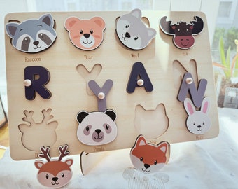 Eco-Friendly Premium Wooden Personalized Name Puzzle,Gift for kids,Early Learning Toy,Amimals,Racoon,Pear,Wold,Elk,Giraffe,Panda,Fox,Rabbit