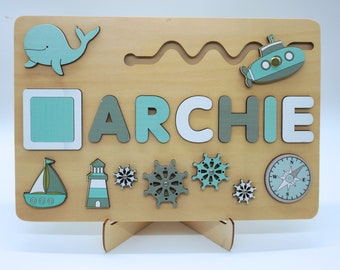 Eco-Friendly Premium Wooden Personalized Name Puzzle,Gift for kids,Early Learning Toy,Boat,Compass,Whale,Beacon,Square,Submarines,Mint Green