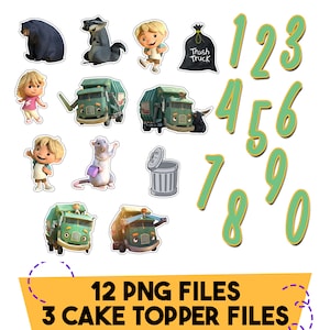 Puede incluir: Colección de imágenes de dibujos animados que incluyen un oso, un mapache, niños, un camión de basura, una rata y un cubo de basura. También incluye números verdes del 1 al 0. La imagen también contiene el texto "12 PNG FILES 3 CAKE TOPPER FILES".