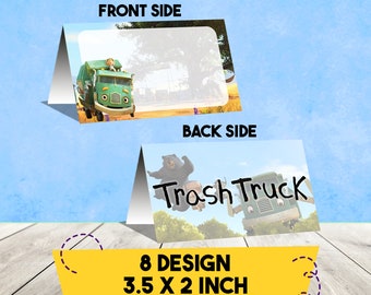 May include: Folded card with a cartoon image of a green trash truck on the front and back. The front side has the text "FRONT SIDE" and the back side has the text "BACK SIDE" and "Trash Truck". The card is 3.5 x 2 inches.