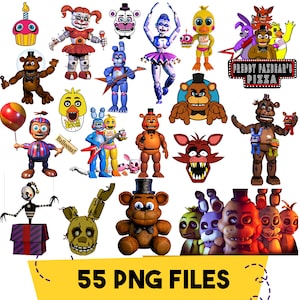 Puede incluir: Una colección de imágenes de personajes de dibujos animados coloridos de la franquicia de videojuegos, incluyendo a Freddy Fazbear, Bonnie, Chica y Foxy. La imagen también incluye una magdalena, globos y el texto "Freddy Fazbear's Pizza". La parte inferior de la imagen tiene el texto "55 PNG FILES".