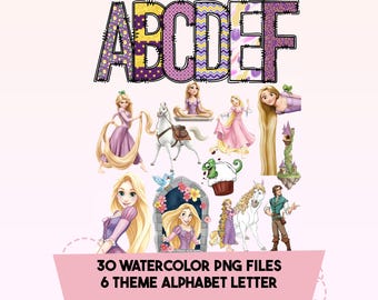 Tangled Watercolor Png Clipart Bundle, Rapunzel Png Letters Alphabet Font Dtf Sublimation Instant Download