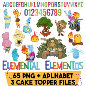 May include: A digital graphic featuring colorful cartoon characters representing the elements. The image includes the alphabet, numbers, and the words "ELEMENTAL" and "ELEMENTOS". Text at the bottom reads "65 PNG + APLHABET 3 CAKE TOPPER FILES".