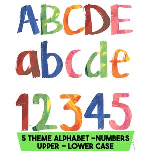 May include: Colorful alphabet and number set in upper and lower case. The letters and numbers are painted in a variety of bright colors, including blue, green, orange, and pink. The text "5 THEME ALPHABET - NUMBERS UPPER - LOWER CASE" is at the bottom.