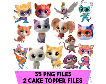 Può includere: Una collezione di immagini di cartoni animati con vari personaggi di animali, tra cui gatti, un cane, un pappagallo e un topo. I gatti sono raffigurati in costumi da supereroi. L'immagine include anche il testo "35 PNG FILES" e "2 CAKE TOPPER FILES".