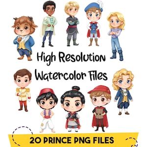 May include: A collection of 10 cartoon prince characters in various outfits, including a beast, a prince in a blue coat, and a prince in a red hat. The image includes the text "High Resolution Watercolor Files" and "20 Prince PNG Files".