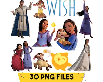 May include: A collection of PNG files featuring characters and elements from the animated movie "Wish." The image includes various characters in detailed costumes, a goat-like animal, and the word "WISH" in a stylized font. A yellow banner at the bottom reads "30 PNG FILES."