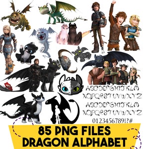 Puede incluir: Una colección de 85 archivos PNG con personajes de dragones y un alfabeto. La imagen incluye varias ilustraciones de dragones en diferentes colores y poses, junto con personajes y un alfabeto completo. El texto dice "85 PNG FILES DRAGON ALPHABET".