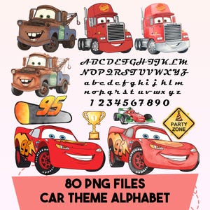 Puede incluir: Una colección de gráficos digitales con temática de coches, que incluye coches de dibujos animados, un coche de carreras, un trofeo y un letrero de zona de fiesta. La imagen también presenta el alfabeto y los números, todo con temática de coches. El texto dice "80 PNG FILES CAR THEME ALPHABET."