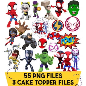 Puede incluir: Una colección de personajes de superhéroes de dibujos animados, incluyendo a Spider-Man, Hulk y otros, en varias poses. La imagen también incluye elementos de cómic como una burbuja de diálogo "POW!" y una telaraña. El texto en la parte inferior dice "55 PNG FILES 3 CAKE TOPPER FILES."