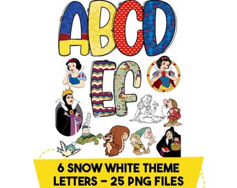 Snow White Doodle Alphabet Letters PNG Bundle (Digital Download)