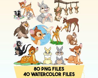Paquete de imágenes prediseñadas de Bambi en acuarela: 80 archivos PNG (descarga digital)