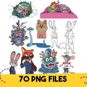 Puede incluir: Una colección de imágenes de dibujos animados con personajes de la película Zootrópolis. Las imágenes incluyen a Judy Hopps, Nick Wilde y otros personajes en varias poses y escenas. El texto "70 PNG FILES" se muestra en una pancarta amarilla.
