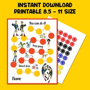 May include: Printable reward chart with the text "INSTANT DOWNLOAD PRINTABLE 8.5 - 11 SIZE". The chart features illustrations of cartoon characters, yellow and red circles, and the phrases "You can do it!", "Keep going", and "Almost done". Includes a sheet of reward tokens.