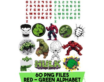 May include: A collection of Hulk-themed PNG files. The image features red and green alphabet letters and numbers, along with various illustrations of the Hulk in different poses. The text at the bottom reads "60 PNG FILES RED - GREEN ALPHABET."