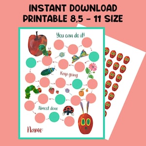 May include: A printable chart featuring a caterpillar, apple, and other colourful illustrations. The chart includes the text "You can do it!" and "Keep going." The size is A4 (21.6 x 27.9 cm). A second sheet with illustrations is also visible.