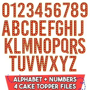 Könnte beinhalten: Rote und goldene Buchstaben und Zahlen mit weißen Punktakzenten. Die Buchstaben und Zahlen sind in Reihen angeordnet. Das Bild enthält den Text "ALPHABET + NUMBERS 4 CAKE TOPPER FILES".