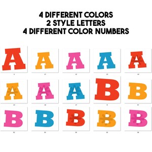 以下が含まれることがあります： 赤、オレンジ、ピンク、青などの様々な色合いの「A」と「B」の文字が特徴的な、カラフルな文字プリントのコレクション。各文字は白い背景に表示され、一部には花の模様が施されています。上部のテキストには「4 DIFFERENT COLORS, 2 STYLE LETTERS, 4 DIFFERENT COLOR NUMBERS」と書かれています。