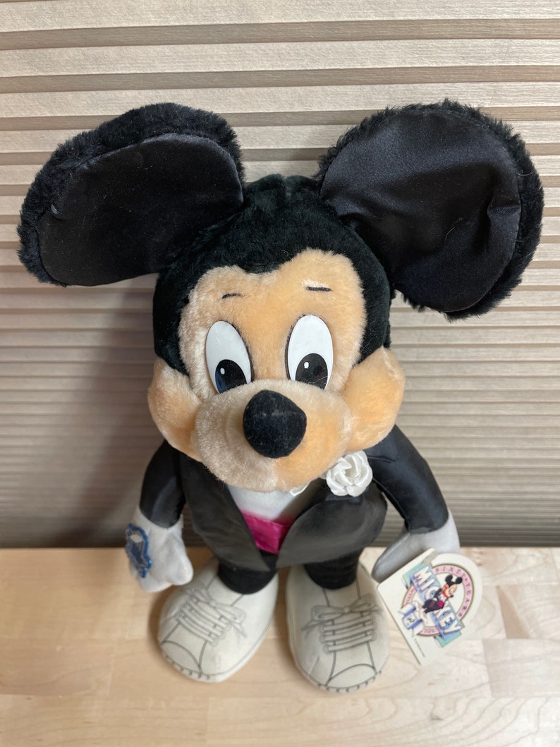 Sällsynt vintage Disney 1988 16" Musse Pigg 60-årsjubileums smoking plysch applåd bild 2