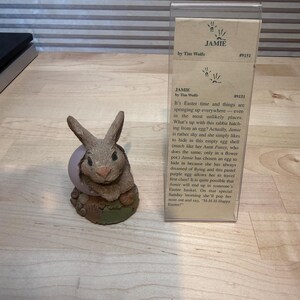 May include: A ceramic rabbit figurine emerging from a purple egg, set on a patch of green. The rabbit is brown with a pink nose. Beside it is a clear display case with the text "JAMIE by Tim Wolfe".