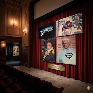 May include: A display of four Superman The Movie lobby posters mounted on red curtains in a theater. The posters feature the film logo, a flying Superman, Lex Luthor, and Jor-El. A gold plaque below reads Exclusive Vintage Lobby Poster Collection - 1978.