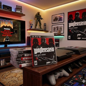 May include: A PlayStation 3 game case for Wolfenstein: The New Order standing on a wooden surface, with a stack of other PS3 game cases, a game console, and controllers nearby. The background features a television screen displaying Doom.