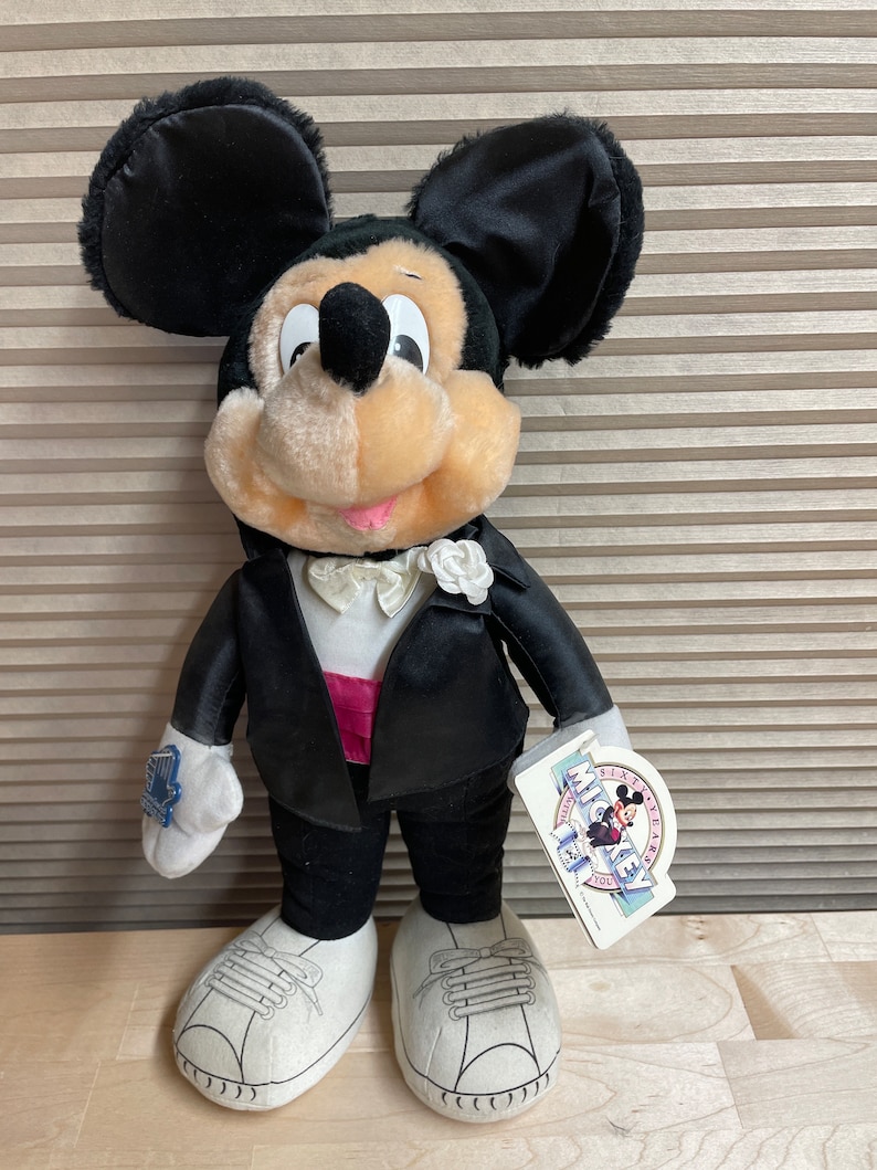 Sällsynt vintage Disney 1988 16" Musse Pigg 60-årsjubileums smoking plysch applåd bild 1