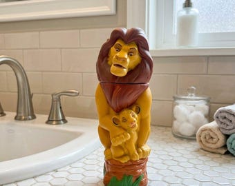 Botella de gel de baño vacía vintage de los años 90 de El Rey León con Mufasa y Simba.