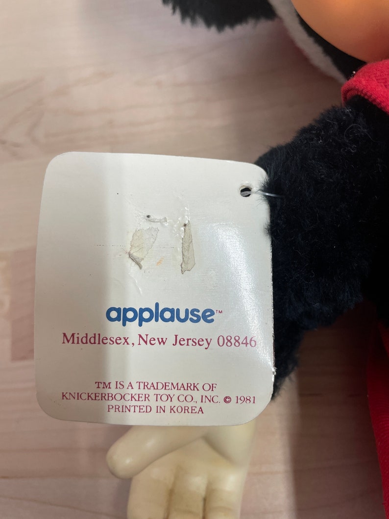 May include: White tag with black text that reads "applause&trade; Middlesex, New Jersey 08846 TM is a trademark of Knickerbocker Toy Co., Inc. &copy; 1981 Printed in Korea"